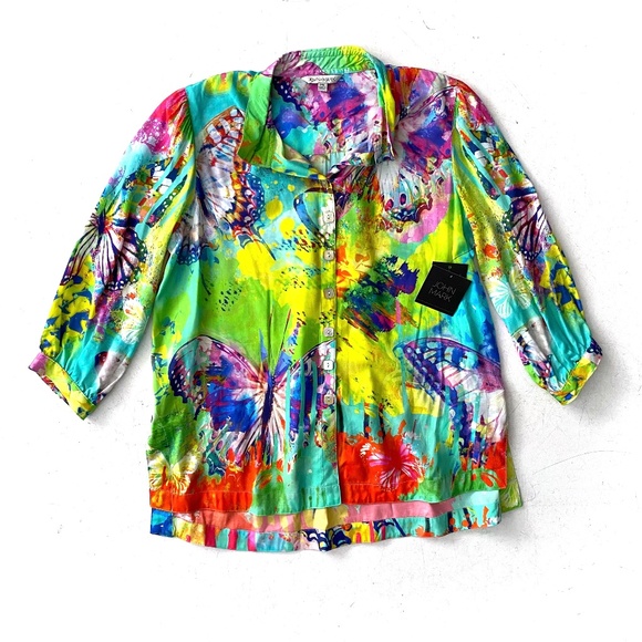 John Mark Nwt Watercolor 3/4 Sleeves Button Front Wire Collar Petite Small PS - Picture 1 of 3